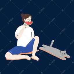 夏夜吃瓜的画